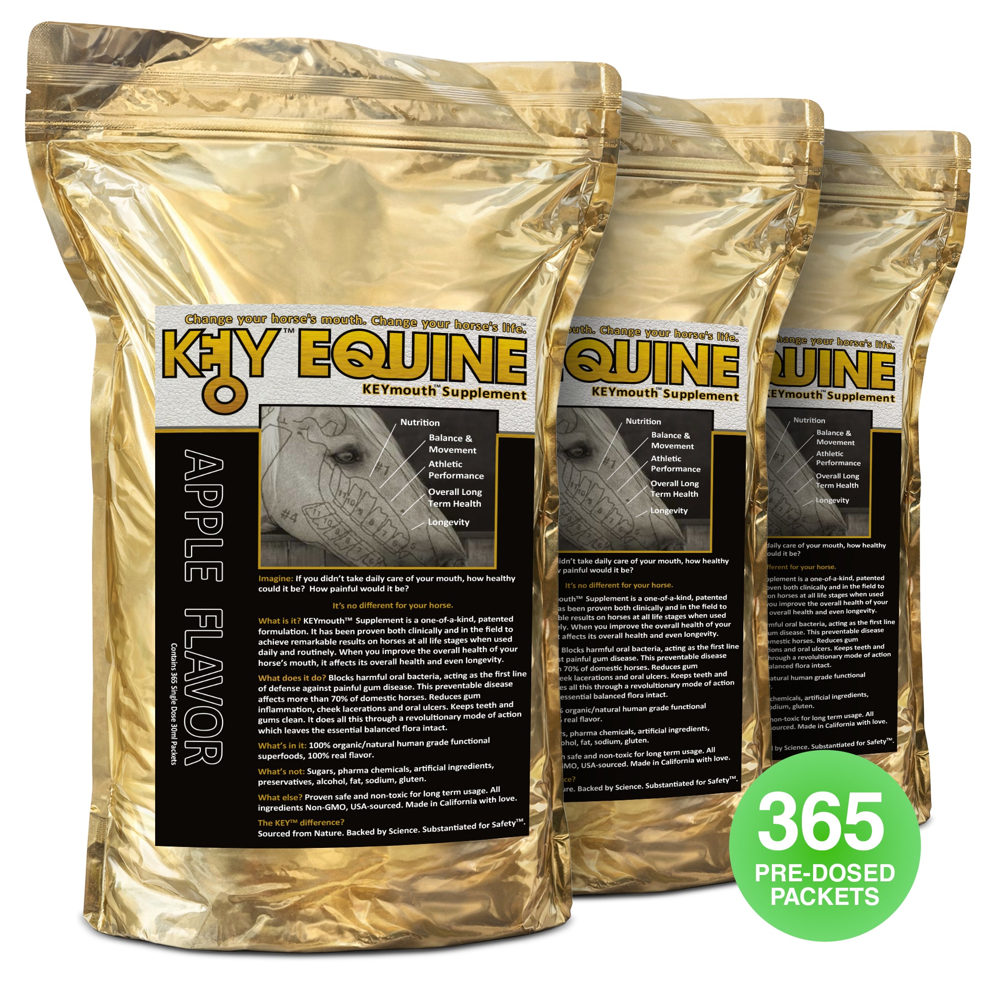 Key Equine KeyMouth Supplement for Horses (Apple, 365 Pre-Dosed Packets) Clinically Proven, 12 Month Supply
