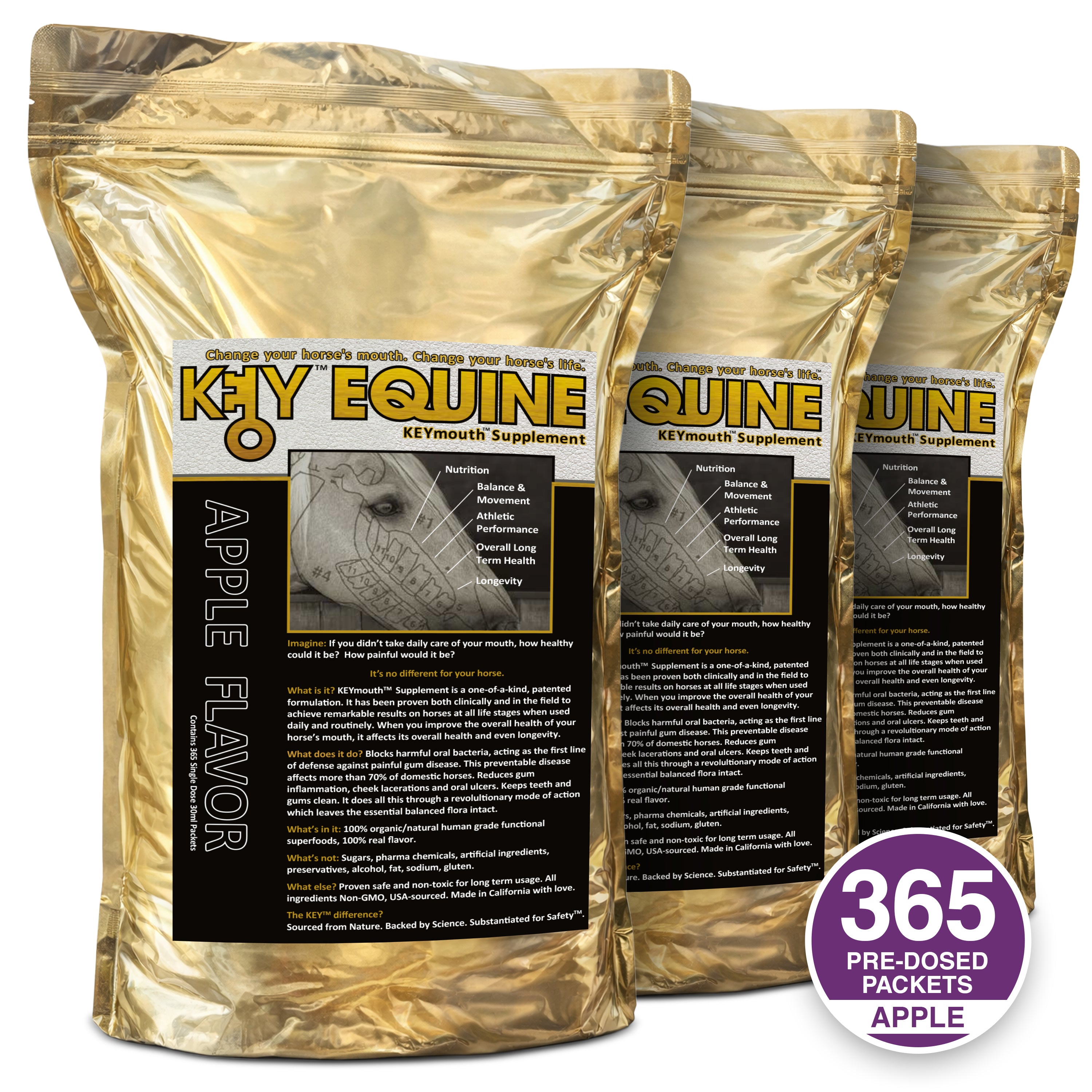 Key Equine KeyMouth Supplement for Horses (Apple, 365 Pre-Dosed Packets) Clinically Proven, 12 Month Supply