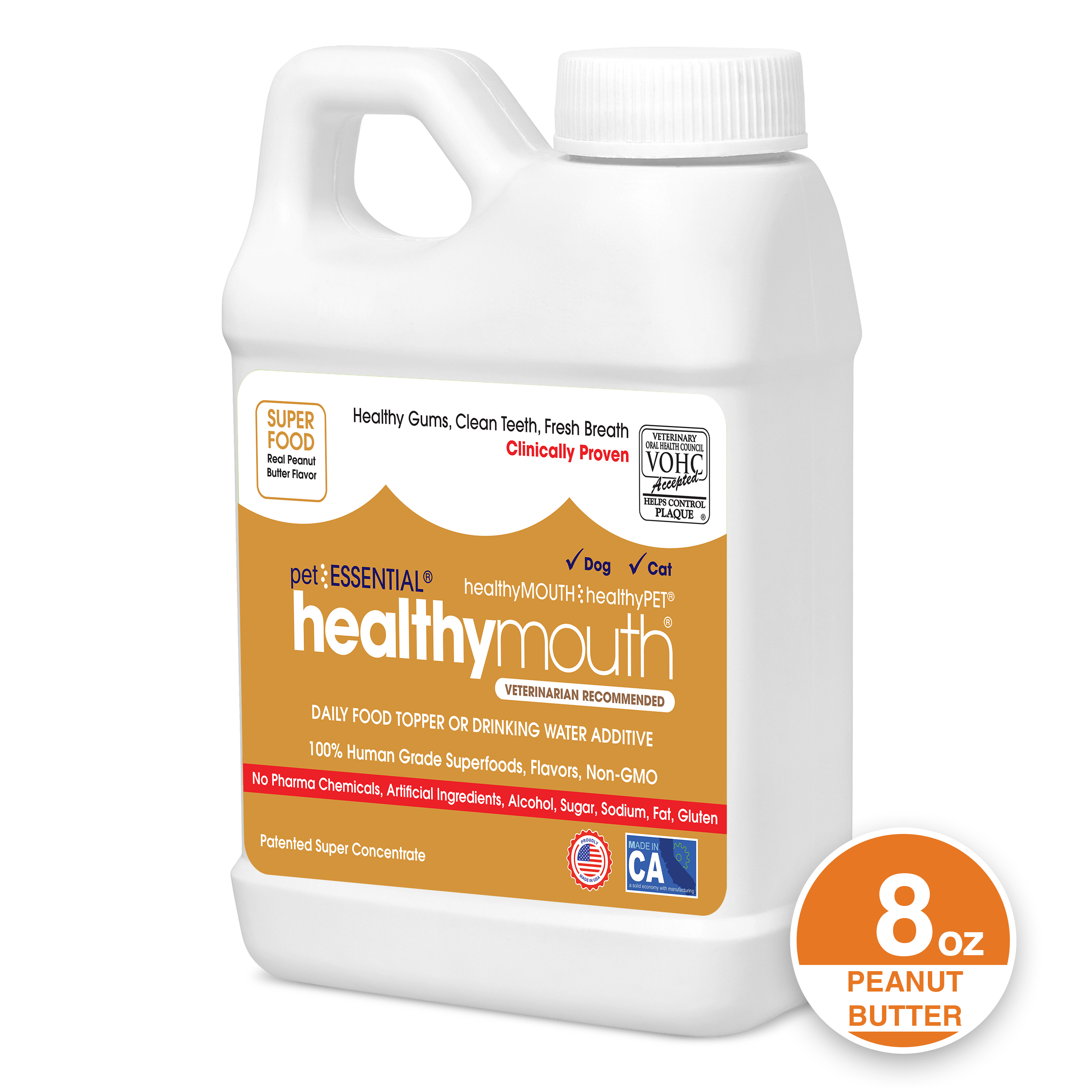 HealthyMouth® Water Additive for Dogs & Cats (Peanut Butter, 8 oz) Clinically Proven, VOHC® Accepted